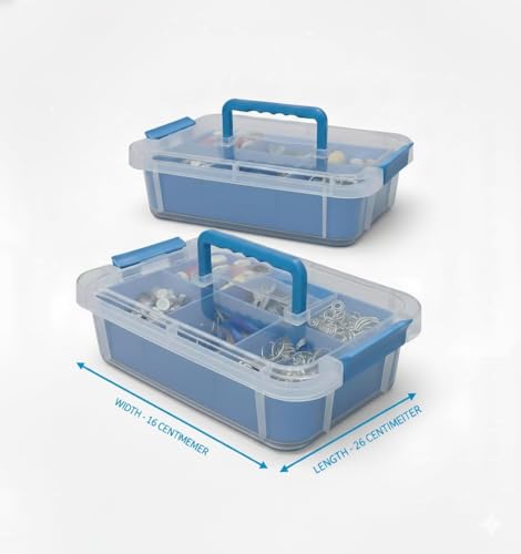 Image of plastic boxes for Storage transparent boxes for storage, Portable & Stackable Space Saving Organiser with Lid for Medicine, Jewelry, Arts & Crafts, Buttons, Beads (Blue, 1 TIER WITH 1 TRAY)