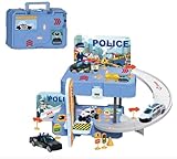 BeFunky Portable Suitcase Garage Parking Lot Toys for Boys with Track, Mini Figures and Vehicles Set Toys Playset for Kids 3 4 5 6 7 Boys (Police)