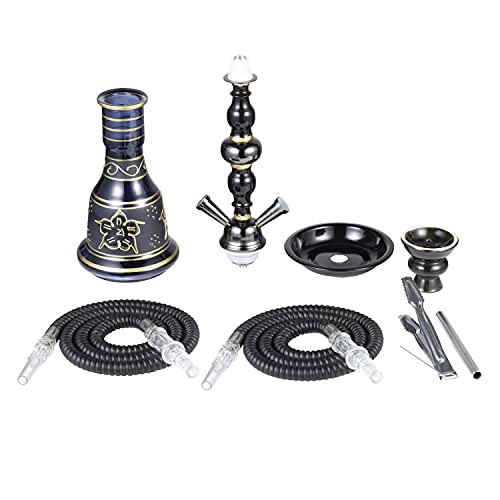 20" Hookah set - 2 Hose Premium Shisha Hookah Kit with Glass Vase, Ceramic Bowl and Coal Tongs Ashtray for Better Shisha Hookah Narguile Smoking (Black) - Image 6