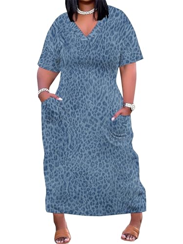 Image of SUZONANA Plus Size Denim Print Maxi Dresses for Women Casual V Neck Short Sleeve with Pockets Soft Jean Look Dress XL-6XL