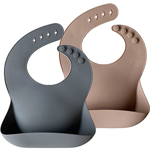 Image of Moonkie Silicone Baby Bibs Set Of 2, BPA Free Soft Adjustable Fit Waterproof Feeding Bibs for Babies and Toddlers(Dark Grey/Warm Taupe)