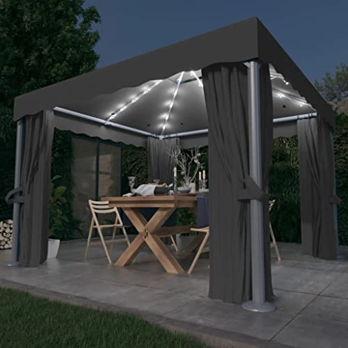 Ordellia Cenador de 3 x 3 m antracita con cortinas y guirnalda de luces LED, estructura de aluminio, techo de poliéster impermeable, resistente a la intemperie, resistente al viento, ideal para jardín