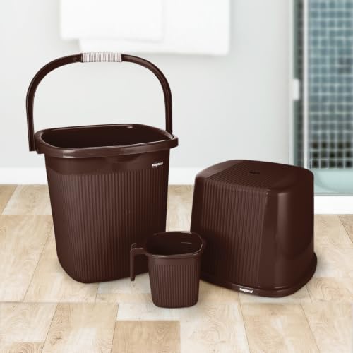Image of Nayasa Rimmy Strong Plastic Bucket, Mug and Stool Set (3pc Set)| Bathroom Set | (Dark Brown, 18 Liter Bucket, 1.5ltr Mug, a Stool)