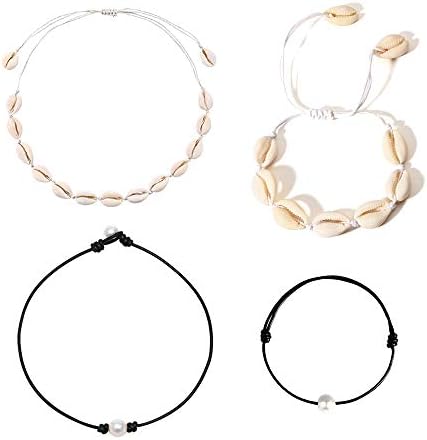 YANCHUN Cowrie Shell Necklace for Women,Puka Shell Necklace Conch Shell Anklet Hawaiian Seashell Pearls Choker Set