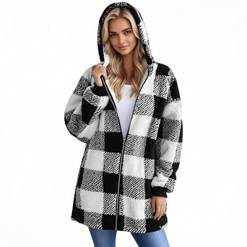Fleece Jacket Women Sherpa Lined Plaid Flannel Hooded Jacket Oversized Zip Up Jacket with Pockets Fall Warm Coat4