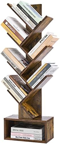 Hoctieon 6 Tier Tree Bookshelf, 6 Shelf Bookcase with Drawer, Modern Book Storage, Free Standing Tree Bookcase, Utility Organizer Shelves for Home Office, Living Room, Bedroom, Rustic Brown