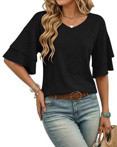 WNEEDU T Shirt Donna Collo a V Magliette Donna Manica Corta a Balze Estiva Blusa Elegante Casual Tunica Top Estivo Vacanza Mare Nero XL
