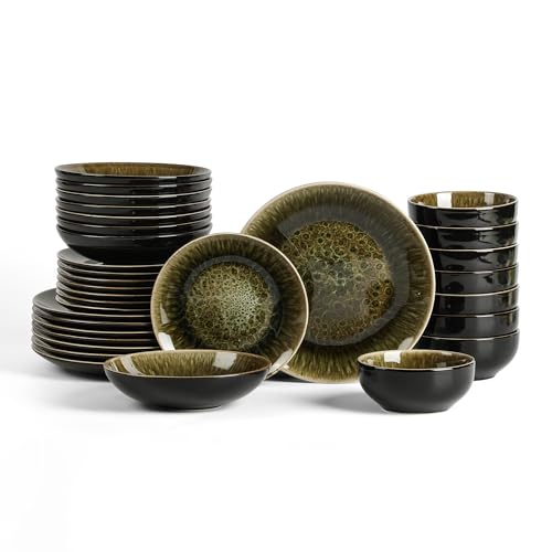 Image of Stone Lain Riley 32-Piece Dinnerware Set Stoneware, Plates and Bowls Set, Dishwasher and Microwave Safe, Dish Set for 8, Black and Green