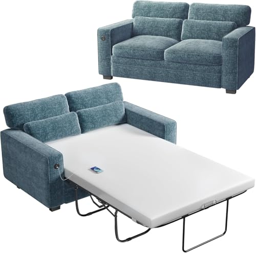 Marsail Pull Out Sofa Bed, Full Size Sleeper Sofa with Memory Foam Mattress, 2 USB Charging and Removable Covers, Loveseat for Living Room, Apartment, Supports 600 LBS, Chenille Fabric, Blue