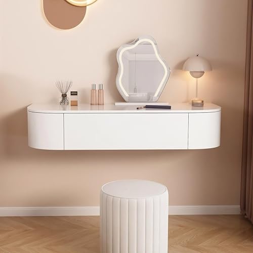 Juego de tocador flotante, mesa de maquillaje montada en la pared con cajones, espejo iluminado y estante de almacenamiento de madera para dormitorio pequeño