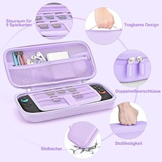 innoAura Switch 2 Tasche 14-in-1 Bundle für NS Switch 2 (2025), Switch 2 Case mit Tragetasche, Schutzhülle, Stick-Caps, Schutzfolie, süßem Anhänger und Sticker, Lila