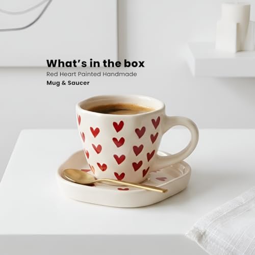 Image of Heart Print Ceramic Coffee Mug and Saucer Set of 2 - Aesthetic Tea Cup, Cute Coffee Mugs for Cafe, Cups & Mugs, Best Gift for Couples and Friends 250 Ml