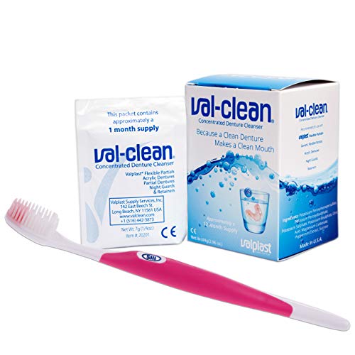 Sobres Val-Clean y Cepillo de Silicona Val-Clean - 12 Sobres 1 año de Suministro - Limpiador de Dentaduras Flexibles Valplast (Cepillo Rosado)