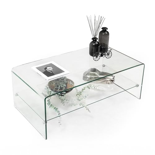 Homely® Mesa de Centro Murano con Revistero 110x60x38 cm. | Cristal Curvado Templado de una Pieza Grosor 12mm. | Diseño Minimalista Ideal para Salones Modernos (Cristal Transparente)