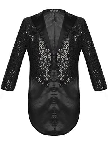 Kvysinly Kids Boys Classic Tuxedo Sequined Blazer Tailcoat Swallowtail Suit Jacket Open Front Performance Costume Black 8 Years