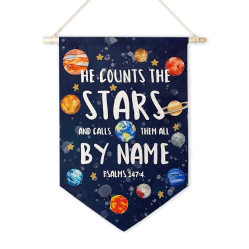 ArtisaEura Christian Space Wall Canvas Banners, Space Nursery Decor, Solar System Bible Verse Hanging Display Pennant Banner Flags, Navy Blue Nursery Wall Decor for Kids Boys Room Bedroom Playroom