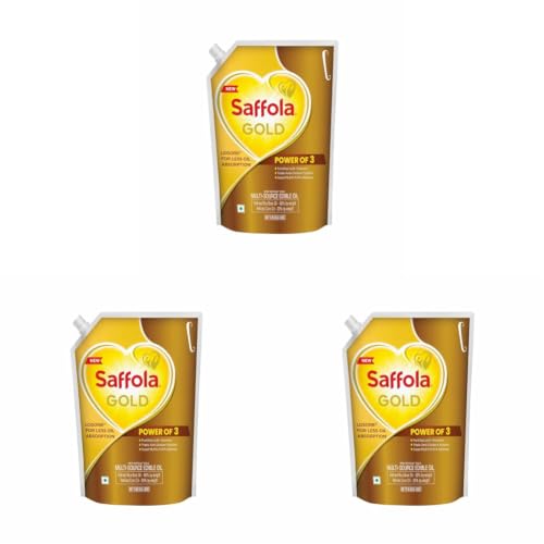 Image of Saffola Gold Refined Cooking oil | Power of 3 - Balance of Good Fats, Triple Anti-Oxidant System & Fortified with Vitamins | Multi-Source Edible Rice Bran & Corn Oil | 3 Litre Standee pouch