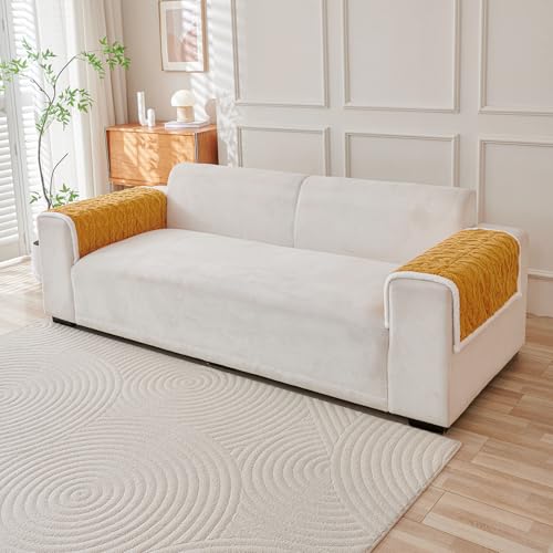 Image of HOKIPO 'Italian Caelora' Luxury Jacquard Plush Anti-Slip Sofa Armrest Covers | 1 Pair - Honey Yellow (AR-5953-YLW*2)