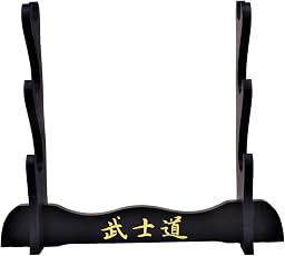 Generico Supporto Espositore da Tavolo in Legno per Katana, 3 Posti, Stile Samurai, Nero con Caratteri Dorati