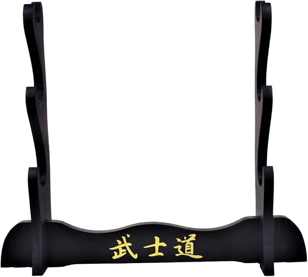 Generico Supporto Espositore da Tavolo in Legno per Katana, 3 Posti, Stile Samurai, Nero con Caratteri Dorati - 1