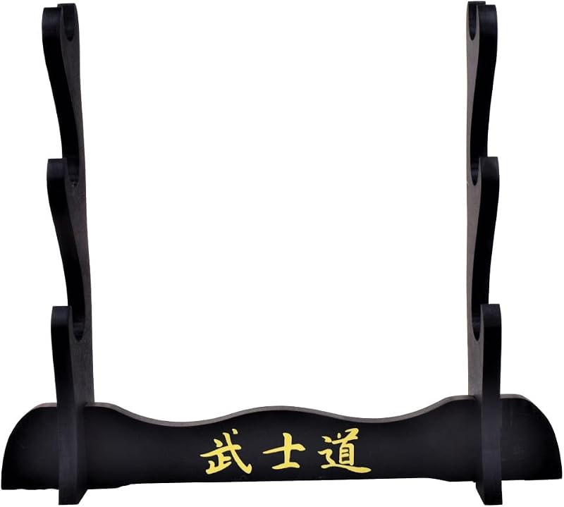 Generico Supporto Espositore da Tavolo in Legno per Katana, 3 Posti, Stile Samurai, Nero con Caratteri Dorati