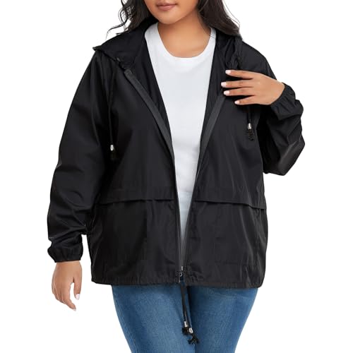 Zando Plus Size Rain Jacket Womens Waterproof - Lightweight Packable Raincoat Hooded Windbreaker Travel Rain Coat for Women3