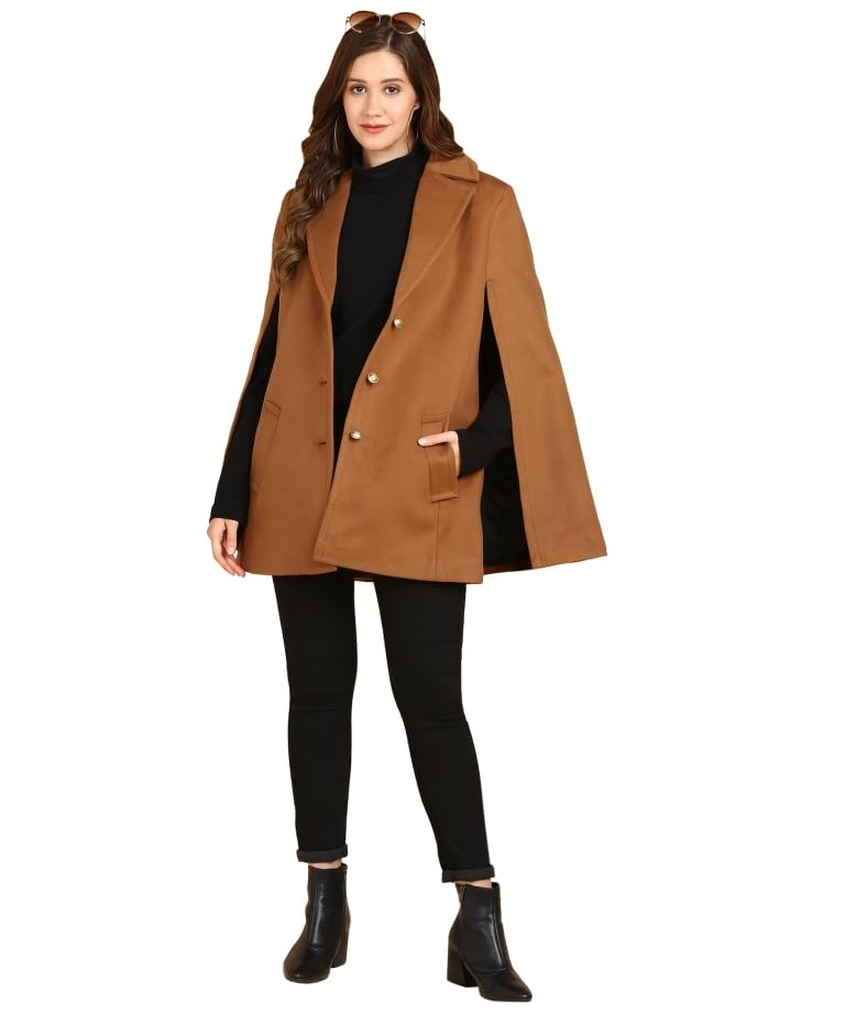 essentiele Stylish Cape Coat with Button Front, Camel Brown, Lapel Collar, Casual Winter Outerwear-picture-11