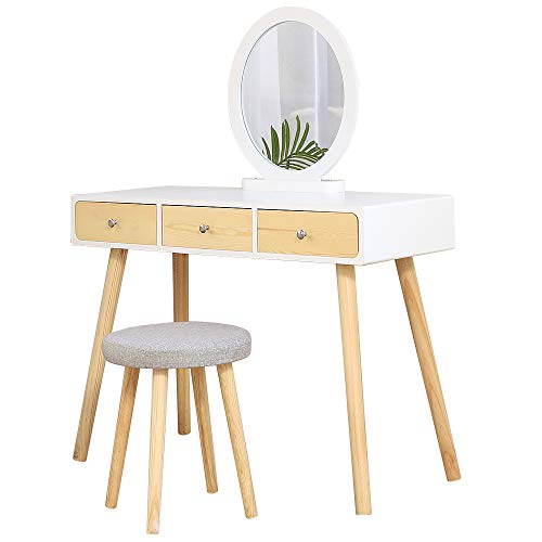 Flyelf Coiffeuses avec Tabouret, 3 Tiroirs et Miroir, Bureau d'ordinateur, Bureau de Lecture 100 * 40CM