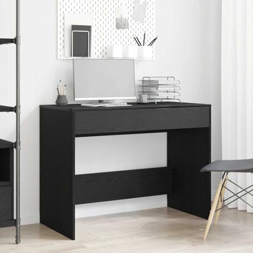 Yunovire Escritorio de madera de roble negro, 101 x 50 x 76,5 cm, con 2 cajones, resistente mesa de ordenador para oficina, juegos y habitación infantil