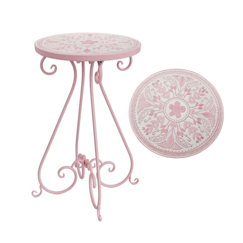 Vintage Outdoor Side Table Round Mosaic Ceramic Tile Top 14' Diameter Metal Plant Stand for Flower Pots Vase Garden Home Porch Pool Indoor Decor Weather Resistant Outside Patio Accent End Furniture