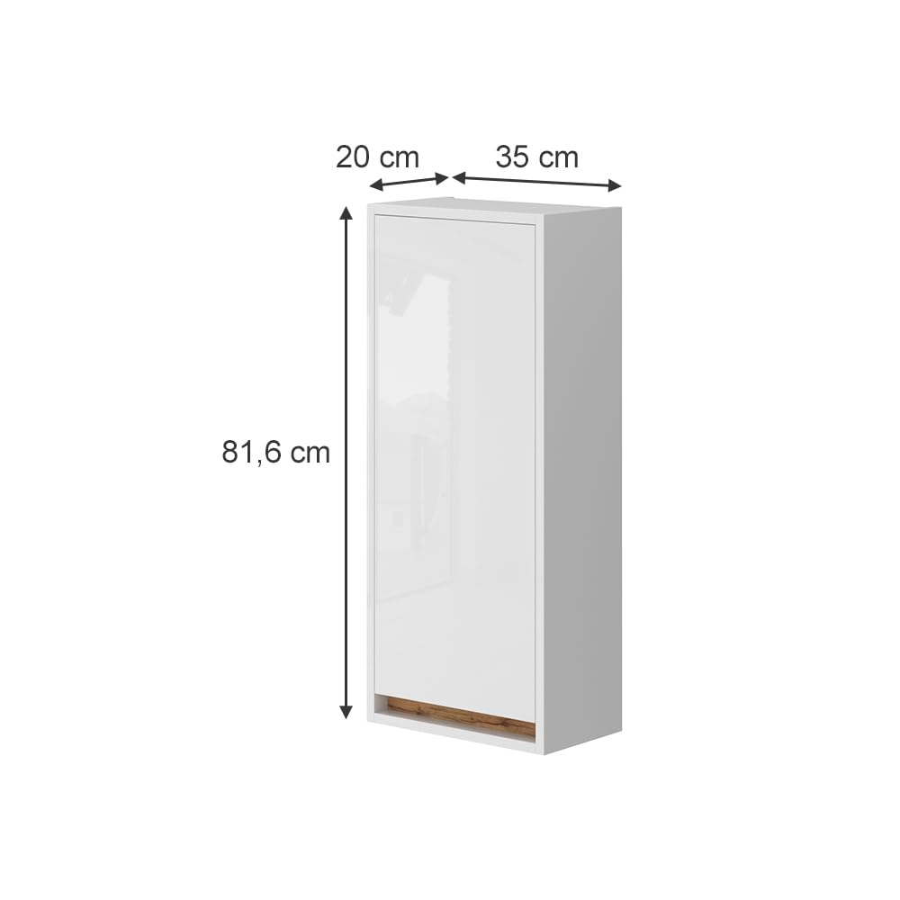 Vicco Armario de baño Detmold Blanco Brillo Intenso/Roble Dorado 81.6x35 cm | con puerta, apto para montaje en pared y combinable con la serie Detmold