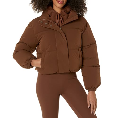 Amazon Essentials Women's Cropped Full-Zip Puffer Jacket (Quilted Matte or Sherpa Fleece), Deep Brown, XX-Large