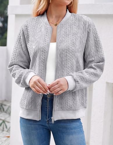 Image of WROLEM Women's Zip Up Cardigan Sweater Cable Hoodies Long Sleeve Jacket Outfits Crewneck Casual Coat