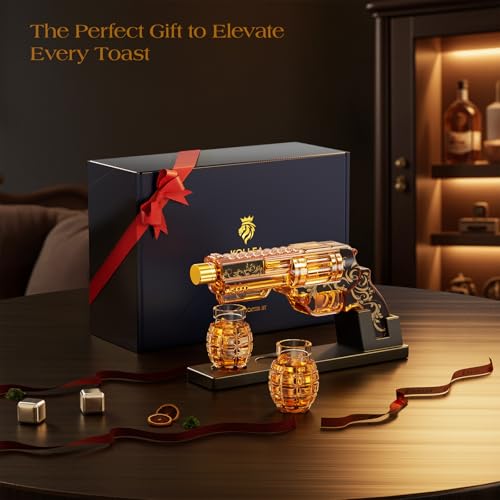 Image of Kollea Black Whiskey Decanter Set with Grenade-Shaped Shot Glasses, Anniversary Birthday Gifts for Men Who Have Everything, Whiskey Gifts for Father, Husband, Boyfriend & Military Enthusiasts