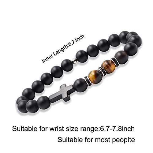 Byson Fashion Religion Cross Men Women 8mm Natural Stone Tiger Eye & Black Matte Agate Beads Bracelet Elastic Bracelet Bangle2