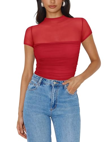 Image of REORIA Women's Sexy Mock Turtle Neck Short Sleeve Shirts Sheer Mesh Ruched Trendy Going Out Bodysuits Tops