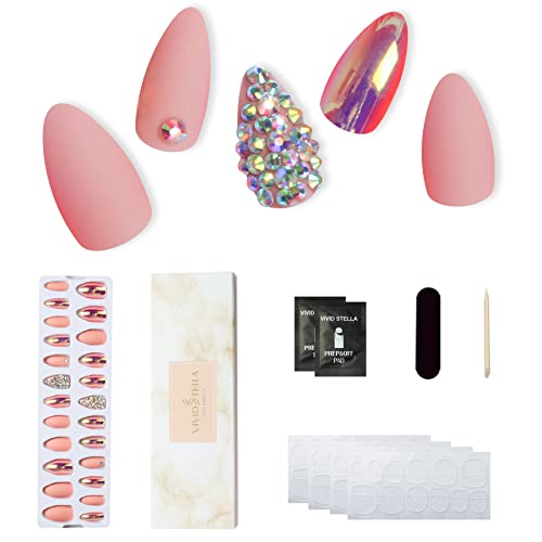 Press On Nails For Women 24Pcs Stiletto False Nails 3D Diamond Fake Nail Tip with Metal False Nails
