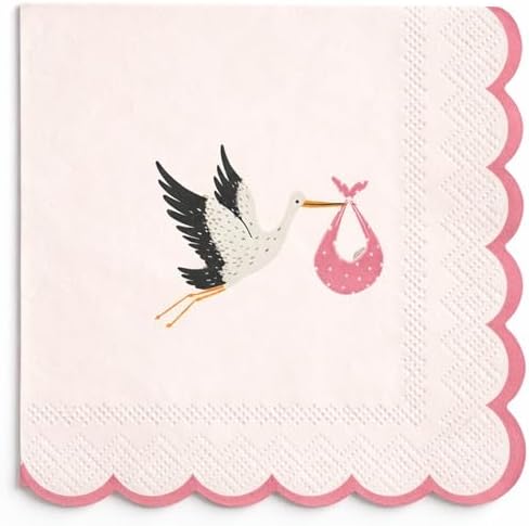 Pink Stork Baby Shower Napkins 16 Pack – It's a Girl Pink Scalloped Cocktail Napkins 5x5 In Disposable 3-Ply Gender Reveal Sip and See Baby Sprinkle Baptism Christening Party Supplies image 4