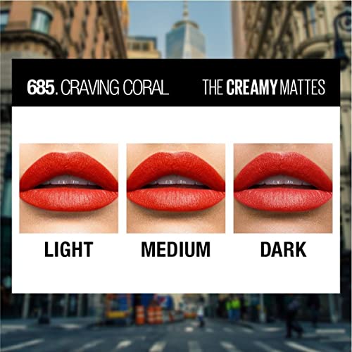 Image of Maybelline New York Matte Lipstick, Intense Colour, Moisturised Lips, Color Sensational Creamy Matte, 685 Craving Coral, 3.9g
