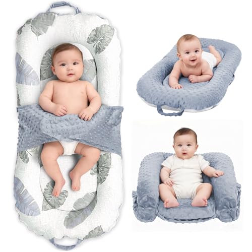 Image of Baby Lounger, 3-in-1 Portable Infant Lounger for Newborns 0-24 Months, Foldable Tummy Time Pillow and Sitting Seat with Removable Cover, Dual-Sided 100% Cotton and Velvet, Ideal Baby Shower Gift