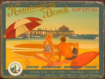 For Huntington Beach Surf City Metal Sign Vintage Retro Home Decoration Metal Signs Tin Sign Posters for Bar Pub Home 12 x 8 Inch