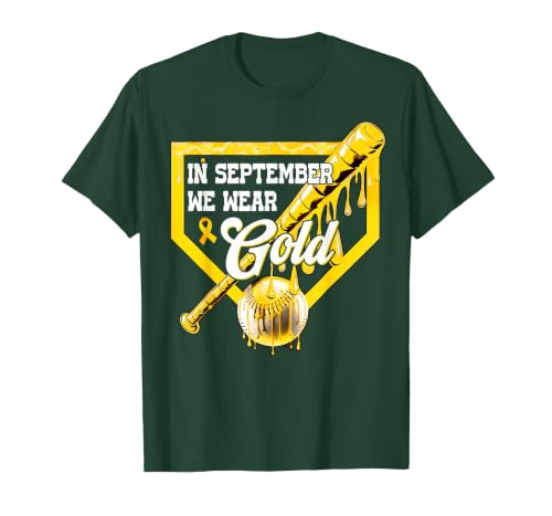in September We Wear Gold Baseball Drip Boy Childhood Cancer T-Shirt, Men, Dark Green, Medium