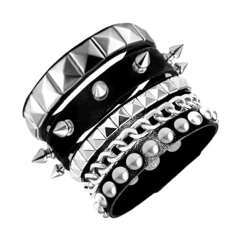 Tosmifairy 3 Pieces Punk Rock Leather Bracelets for Women Pop 80s 90s Emo Jewelry Accessories Retro Spiked Adjustable Wrap Wrist Cuffs (Punk Style) Cover