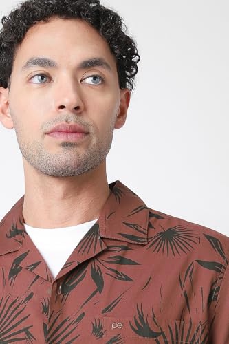 Image of Peter England Men's Cotton Blend Classic Fit Floral Print Casual Shirt | Cuban Collar, Half Sleeves | Casual Wear