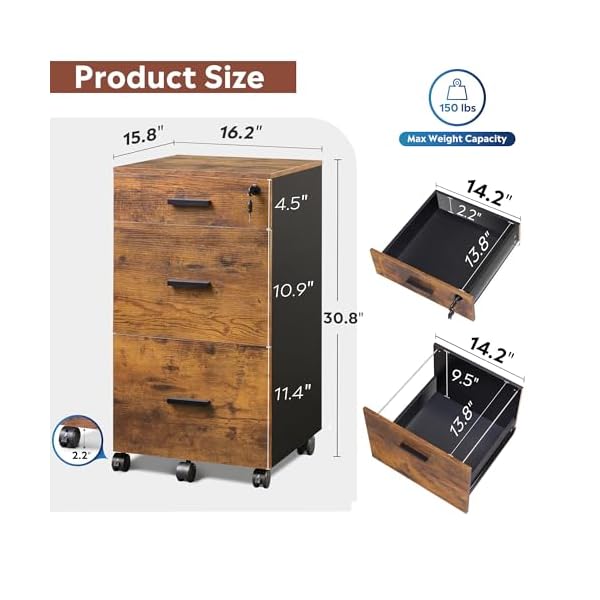 Devaise 3 drawer rolling file cabinet with lock wood filing cabinet fits letter a4 size for home office rustic brown  urban country home decor