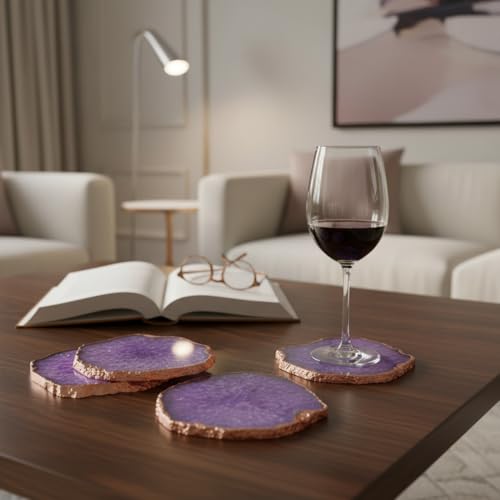 Image of Natural Agate Stone Tea Coasters Set | Premium Stone Coasters for Tea, Coffee & Glass | Heat Resistant Coasters for Dining Table, Office Desk & Home Decor | Pack of 4 | Color -Purple
