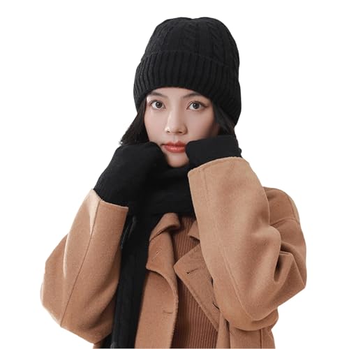 Bonnet tricoté et écharpe tube avec gants hiver noir pour ski et sorties