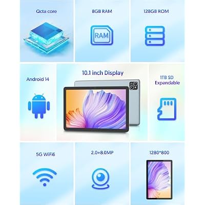 Android 14 Tablet 10.1 inch Tablet, 128GB ROM+8(4+4 Expand) GB RAM 1TB Expand, Octa-Core,8000mAh Battery, 5G Wi-Fi 6, 2+8MP Dual Camera, 1280x800 FHD IPS, Bluetooth, Tablets with Keyboard