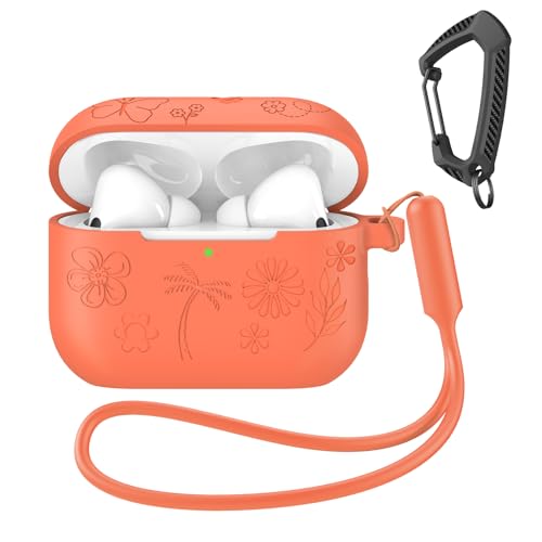 Design floral compatível com AirPods Pro 3 com chaveiro/alça de mão, capa protetora de silicone para fone de ouvido Pro 3ª geração [2025] suporta carregamento sem fio laranja