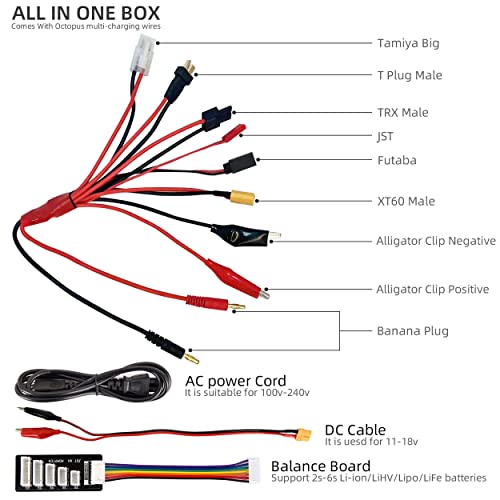 Yufay Rc Battery Charger Ac/Dc 100W Lipo Charger Lipo Battery Charger For 2S 3S-6S 7.4V 11.1V Lipo Battery Packs With Trx/Alligator Clip//Xt60/T-Deans/Tamiya/Jst/Futaba #TOP5